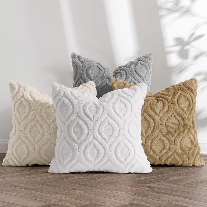 decorUhome Throw Pillow Covers 20x20 Inch Set of 2, Soft Plush Faux Wool Beige Solid Couch Pillow Covers, Accent Farmhouse Neutral Square Pillow Cases for Sofa Bed Living Room
