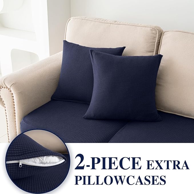Couch Cushion Covers for Sectional Sofa L Shape Washable Separate Seat Chaise Couch Cover Stretch Sofa Slipcovers with 2 Pcs Pillowcases(3 Seater + 1 Chaise, Navy)