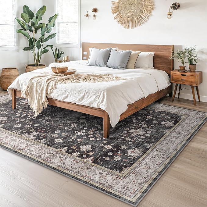 Boho Black Rug for Living Room - Washable 10x12 Area Rug, Dining Room Rugs for Under Table, Soft Low Pile Carpet for Bedroom - Farmhouse Decor, Non-Slip & Stain Resistance