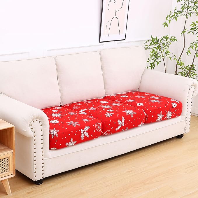 hyha Printed Couch Cushion Covers, Floral Sofa Covers Washable for 3 Cushion Couch, Stretch Pattern Outdoor Cushion Covers for Patio Furniture with Elastic Bottom(3 Packs, Snowflake Bell)