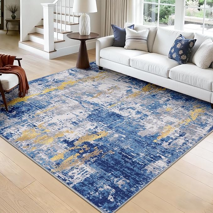 Washable Area Rugs Square 8ft Non-Slip Modern Abstract Soft for Living Room Entryway Bedroom Nursery, Print Pattern, Grey Blue Gold/Golden