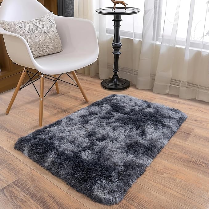 Ultra Soft Runner Rugs for Bedroom Hallways with Upgraded Non-Slip Rubber Backing & Thick Memory Sponge, 2x3 Feet Fluffy Shag Throw Area Rug for Bedside Dorm Tie-dye Dark Grey