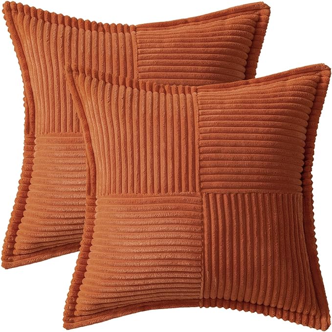 MIULEE Rust Decorative Throw Pillow Covers for Couch Bed Livingroom 20x20 Inch Set of 2 Boho Accent Throw Pllows Broadside Striped Patchwork Soft Corduroy Pillowcases
