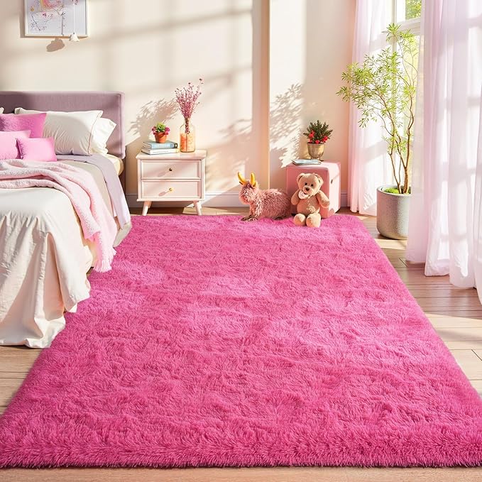 LOCHAS Ultra Soft Indoor Modern Area Rugs Fluffy Living Room Carpets for Children Bedroom Home Decor Nursery Rug 3x5 Feet, Hot Pink