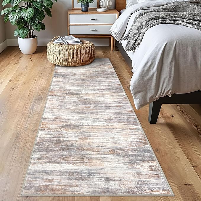 KOZYFLY Modern Abstract Washable Rug Runner 2x7 Hallway Runner Rug Non-Slip Soft Kitchen Runner Rugs, Print Multi Grey/Orange Striped Carpet Runner for Entryway Bathroom
