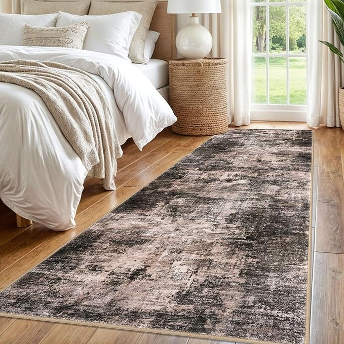 IOHOUZE Abstract Runner Rug 3x8 Ft Washable Runners for Hallways, Non Slip Kitchen Runner Printed Faux Wool Entryway Runner Indoor, Modern Abstract Floor Carpet for Hall Bedroom, Brown/Rust