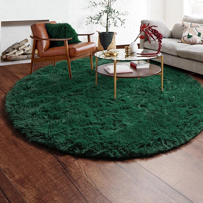 ONASAR Dark Green Round Area Rugs 5ft, Fluffy Soft Bedroom Circle Rug for Kids Girls Boys Teen Room, Furry Plush Shaggy Carpet Floor Mat for Baby Nursery Living Room Playroom Dorm Home Decor