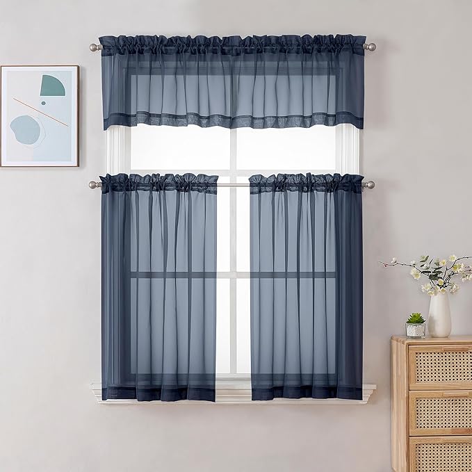 Chyhomenyc Sheer Window Valance Curtains, 42x14 Inches Light Filtering Valances Windows Treatment, Small Rod Pockets Voile Sheer Curtains for Living Room/Bathroom/Basement, Navy Blue, 2PCS