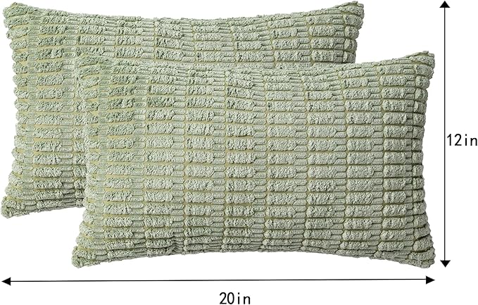 Pack of 2 Corduroy Decorative Throw Pillow Covers 12x20 InchSoft Boho Striped Pillow Covers Modern Farmhouse Home Decor for Sofa Living Room Couch Bed（Sage Green）