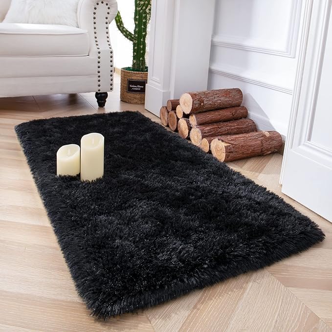 Chicrug Soft Runner Rug for Bedroom Living Room Plush Fluffy Rug 2x3 Feet, Shag Furry Runner Carpet Non Shedding for Nursery Children Kids Girls Room Home Decorative, Black