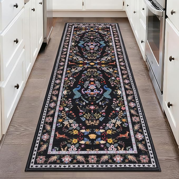 HEBE Washable Hallway Runner Rug 2'x 6' Non Slip Kitchen Rugs Runner,Low Pile Entryway Rug Laundry Room Mat Floral Carpet Runners for Hallways, Kitchen,Bathroom,Laundry,Bedside Rug