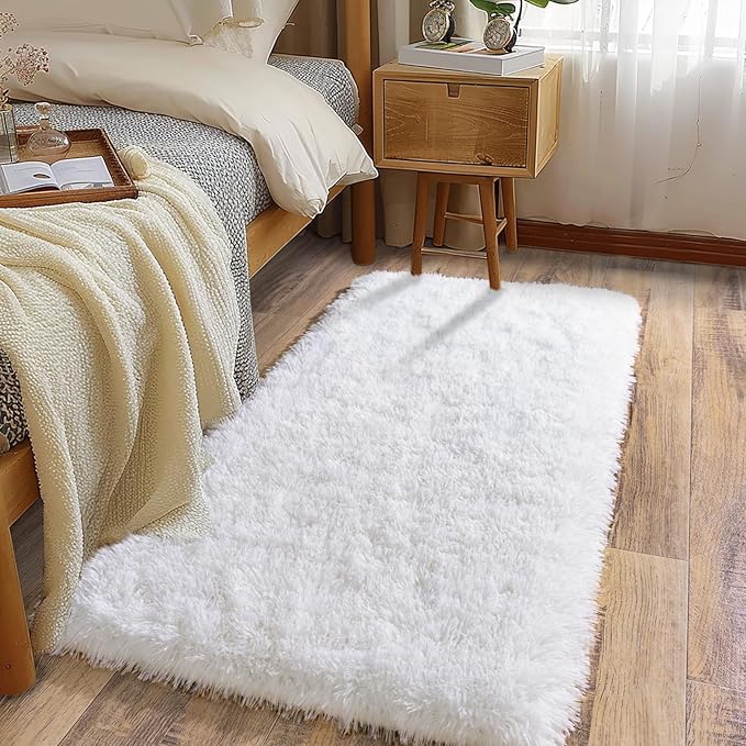 Soft Runner Rugs for Bedroom Hallways, 2x4 White Fluffy Shag Throw Area Rug Non Slip for Bedside Dorm, Long Shaggy Furry Carpet for Nursery Living Room