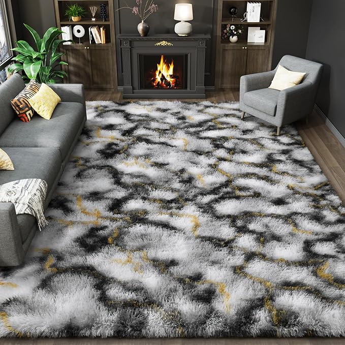 LOCHAS Ultra Soft Indoor Modern Area Rugs Fluffy Living Room Carpets for Children Bedroom Home Decor Nursery Rug 6x9 Feet, Grey-Gold
