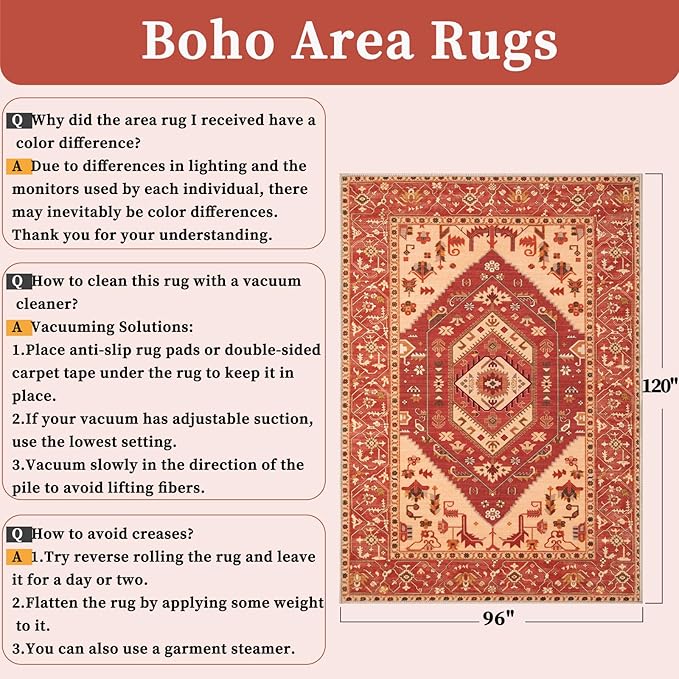 SERISSA Washable Rugs 8x10 Area Rugs, Large Non-Slip Boho Living Room Rug, Ultra Soft Oriental Vintage Red Print Distressed Carpet for Dining Room Bedroom Dorm Office Home Decor