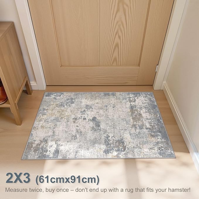 UERMEI 2x3 Entryway Area Rug: Washable Neutral Modern Abstract Small Rug - Non-Slip Low Pile Throw Indoor Carpet for Entrance Kitchen Front Door Mat Bathroom Entry Kids Room - Blue Grey