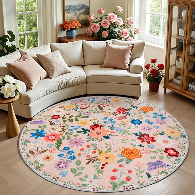 Round Area Rug for Living Room: 6 ft Floral Washable Circle Rug Soft Boho Non-Slip Carpet Indoor Stain Resistant Low Pile Small Circular Rug for Bedroom Entryway Kitchen Nursery Home Office Beige