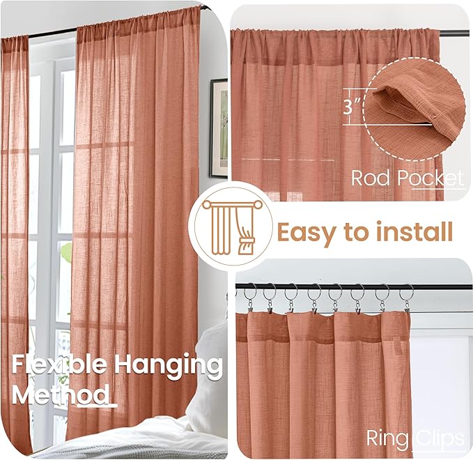 Terracotta Curtain Panels, 96 Inch Length, Light Filtering Linen-Style