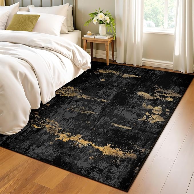 Washable Area Rugs 4x5 Non-Slip Modern Abstract Soft for Living Room Entryway Bedroom Nursery, Print Pattern, Dark Black Gold