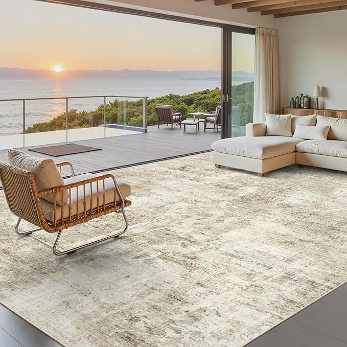 9x12 Area Rug for Living Room, Abstract Non Slip Machine Washable Vintage Carpets, Low Pile Lightweight Large Rug for Bedroom, Dining Room, Home Office Beige Gray