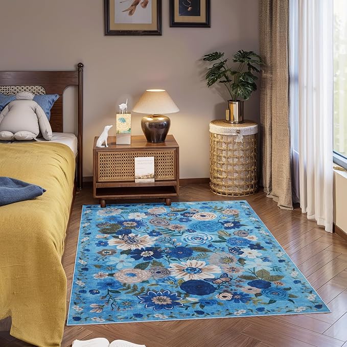 Area Rug 4x6 Rug Washable Boho Rugs Non Slip Low Pile Floral Small Carpet for Bedroom, Bedside, Kids Room, Office, Dining Room(Blue Garden, 4 x 6)