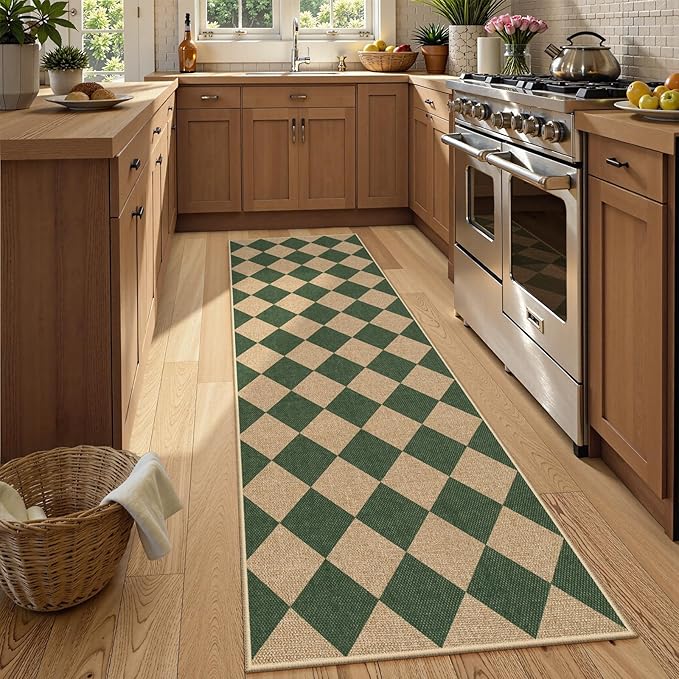 Lahome Colette Checkered Kitchen Runner, 2x8 Easy Jute Runner Rug for Hallway Entryway, Farmhouse Indoor Outdoor Non Slip Non Shedding Green Carpet for Laundry Bedroom Porch Corridor