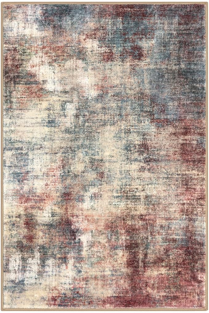 IOHOUZE Abstract Area Rugs 9x12 Ft Washable Large Rugs for Living Room, Non Slip Dining Room Rug, Printed Faux Wool Rugs for Bedroom, Floor Carpet for Office Nursery Playroom, Red/Multi