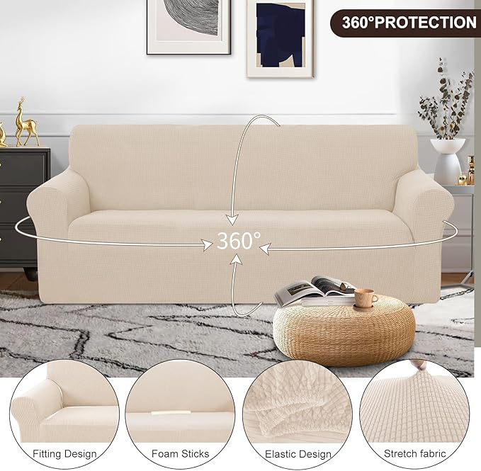 U-NICE HOME Stretch Couch Cover Sofa Cover Sofa Slipcover Furniture Protector for 4 Cushion Couch Sofa Pet Friendly(Oversized Sofa, Beige)