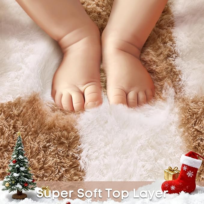 Ophanie Checkered Beige & White Rug for Living Room Bedroom, Fluffy Soft Cute Fuzzy Area Rugs, Shag Plush Shaggy Bedside Floor 8x10 Furry Carpet for Kids Baby Teen Dorm Nursery Home Decor Aesthetic