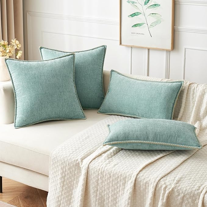 MIULEE Pack of 2 Couch Throw Pillow Covers Farmhouse Decorative Pillow Covers with Stitched Edge Soft Chenille Solid Dyed Pillow Covers for Sofa Bed Living Room 20x20 Inch Aqua Blue
