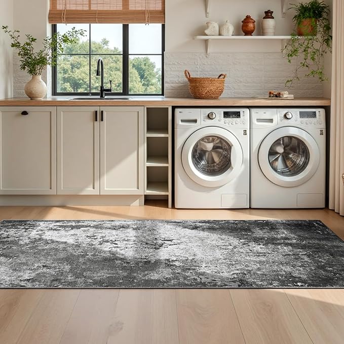 2x6 Black Rug Runners for Hallways Kitchen Runner Rug Non Slip Washable Black Long Runner Rugs with Rubber Backing Soft Abstract Carpet Runner for Bedroom, Kitchen, Bathroom, Entryway