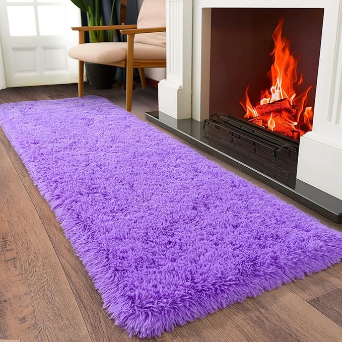 Ultra Soft Runner Rugs for Bedroom Hallways with Upgraded Non-Slip Rubber Backing & Thick Memory Sponge, 2 Packs 2x6 Feet Fluffy Shag Throw Area Rug for Bedside Dorm Light Purple