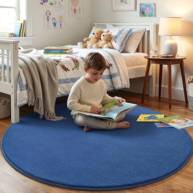 Amearea Blue Round Area Rugs 5ft Washable Circle Rugs for Bedroom Living Room, Fluffy Indoor Thickened Memory Foam Rug, Non Slip Minimalist Circular Carpet for Kids Boys Girls Dorm Nursery Room Decor