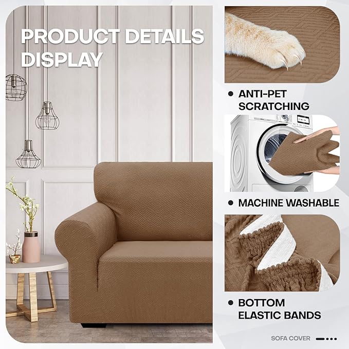 ZNSAYOTX 1 Piece Jacquard Couch Covers for 3 Cushion Couch High Stretch Sofa Cover for Pets Dogs Anti Slip Extra Large Sofa Slipcovers Furniture Protector (X-Large,New Pattern Light Coffee)
