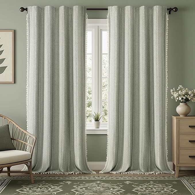 Boho Blackout Curtains 96 Inches Long Sage Green Linen Blend 2 Panels with Tassels and Cotton Embroidery, Farmhouse Vintage Rustic Rod Pocket Drapes for Living Room or Bedroom