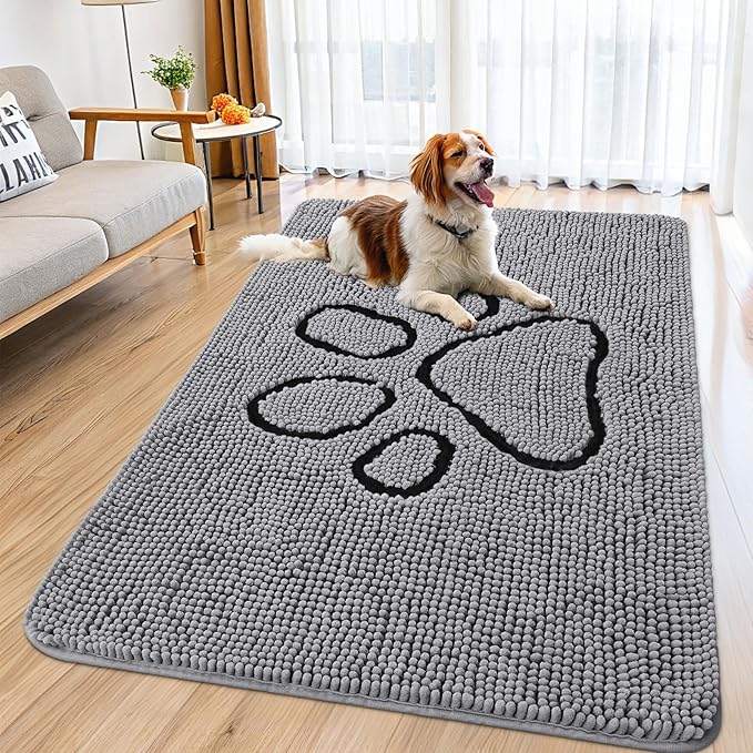 Smiry Dog Door Mat for Muddy Paws, Absorbent Dirt Trapper Non Slip Quick Dry Washable Chenille Mat for Mud Dogs, Entry Rug for Indoor and Outdoor (59x35 Inches, Grey and Black)
