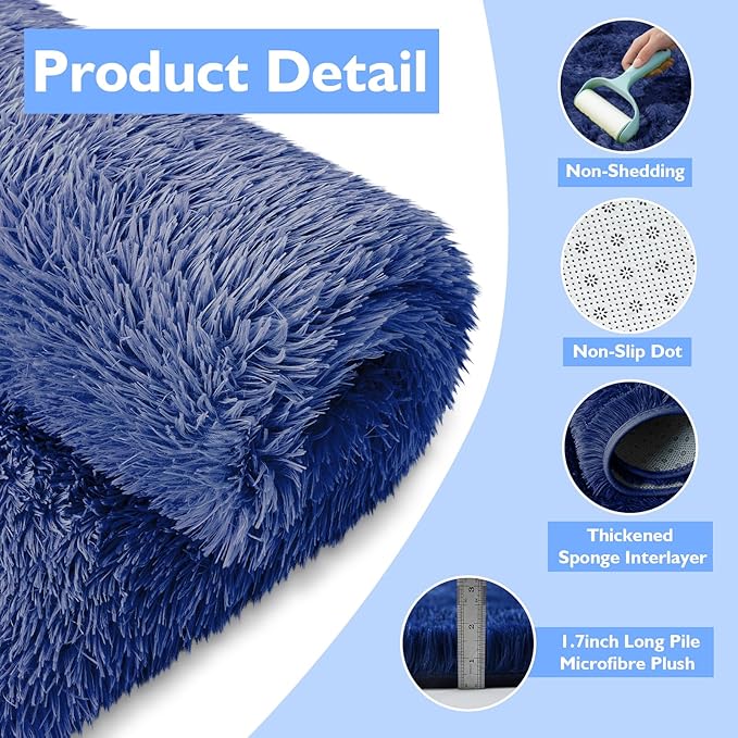 2x3 Fluffy Area Rugs for Bedroom Living Room,Small Soft Shag Fuzzy Rug Non-Shedding Indoor Plush Carpet for Kids Bedroom Nursery Dorm Home Decor,Blue