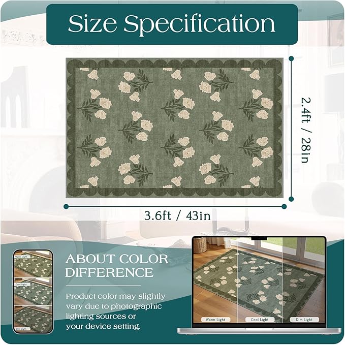 Floral Outdoor Rug - 28" x 43" Front Door Mat Indoor Outside Entrance Non-Slip Washable Outdoor Mat Sage Green Spring Scalloped Rug for Entryway Kitchen Bedroom Layered Doormat for Front Porch