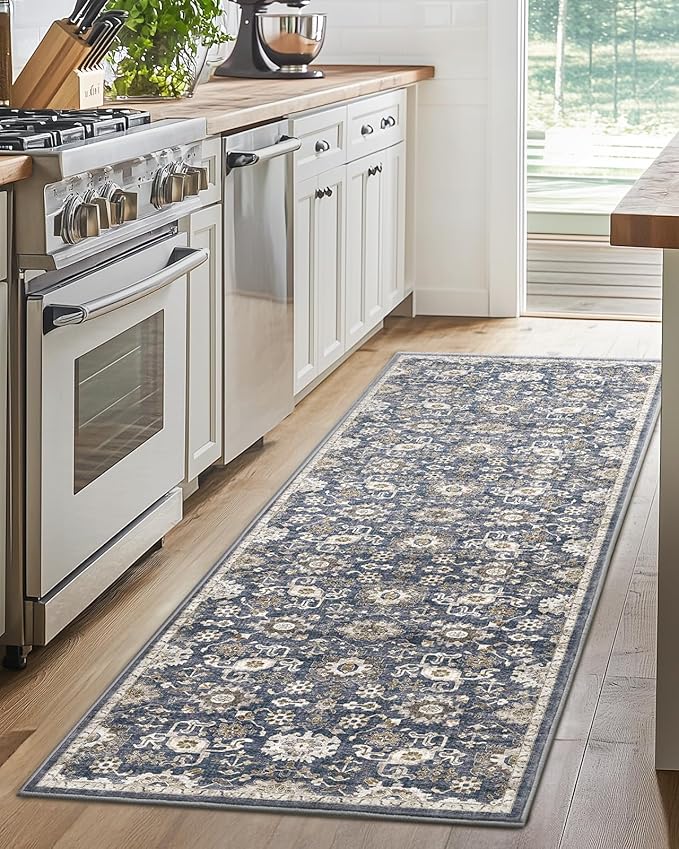 AMADA HOMEFURNISHING 2x5 Washable Runner Rug, Low-Profile Kitchen Rugs with Non-Slip Backing & Durable Edge Binding, Vintage Entryway Runner Rug for Bedroom & Hallway