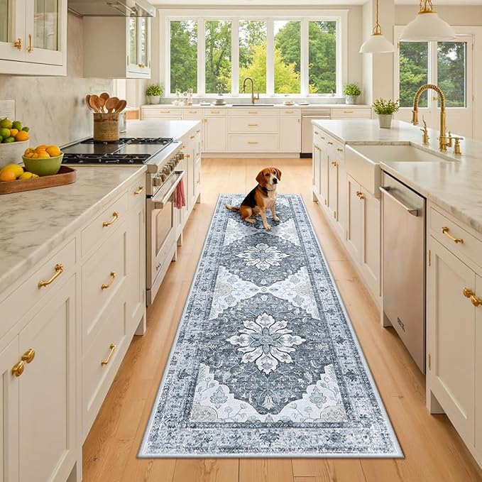 RELEANY Area Rugs 2'6''x8' Runner Rug Non Slip Washable for Kitchen Hallway Bedroom Beside Laundry Room Bathroom Rug, Floor Carpet, Light Gray Grey White