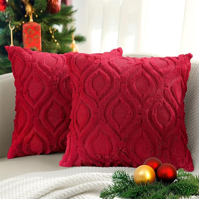 decorUhome Throw Pillow Covers 24x24 Inch Set of 2, Soft Plush Faux Wool Red Solid Couch Pillow Covers, Accent Euro Sham Farmhouse Neutral Square Pillow Cases for Sofa Bed Living Room