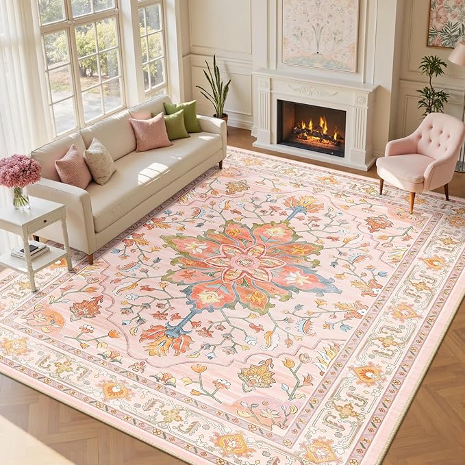 RELEANY Area Rugs 9'x12' Washable Non-Slip, Floral Vintage Distress Print Pattern Medallion Carpet for Living Room Bedroom Dining Room, Light Pink Colorful