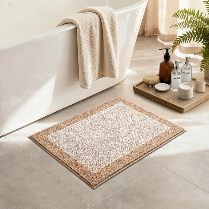 Bathroom Rugs 24x17 Non Slip Washable, Beige Bath Mat for Bathroom Floor Tub, Soft Absorbent Quick Dry Mats for Shower, Bathtub,Home Decor