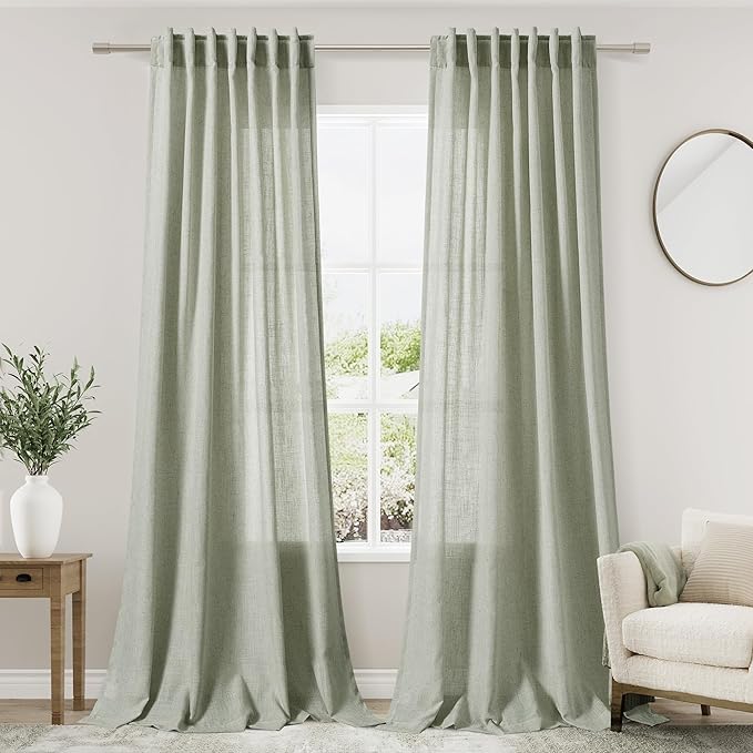 Nanspring Sage Green Curtains 80 Inches Length for Living Room Back Tab Rod Pocket Semi Sheer Linen Drapes Muted Neutral Boho Pale Green Linen Textured Window Curtain for Dining Room 52X80 Inch