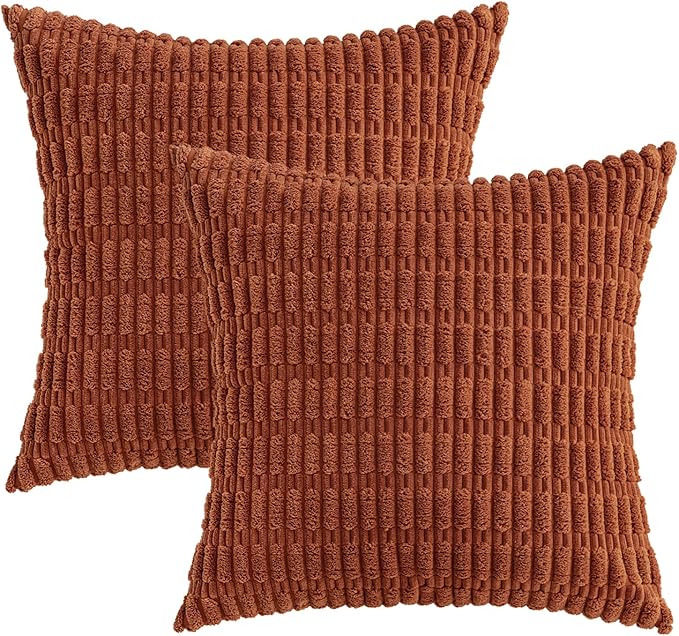 MIULEE Pack of 2 Dark Rust Corduroy Decorative Pillow Covers 20x20 Inch Soft Boho Striped Throw Pillow Covers Modern Farmhouse Home Decor for Summer Sofa Living Room Couch Bed
