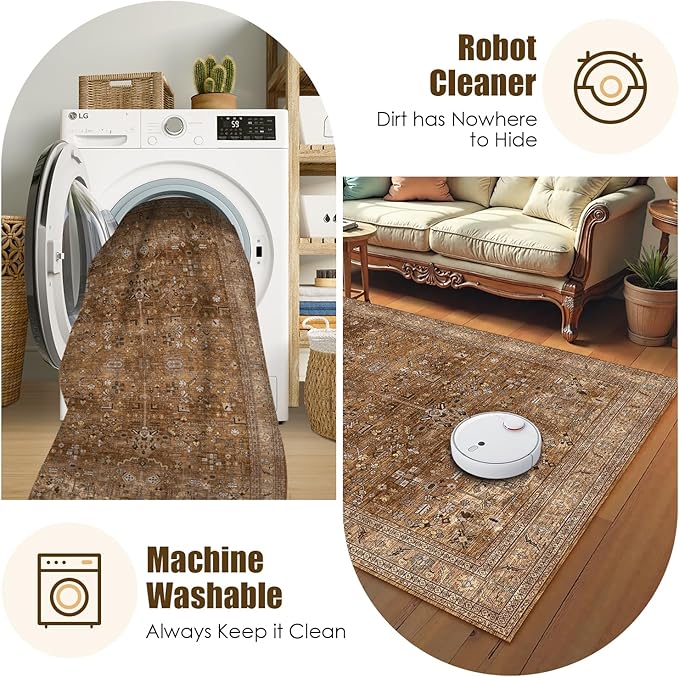 Washable Area Rug 9' x 12' Vintage Traditional Persian Mat - Foldable Distressed Non-Slip Machine Washable Carpet for Living Room Bedroom Kitchen Home Decor - Bronze and Ivory