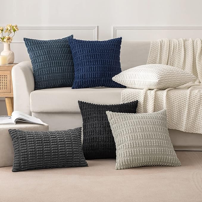 MIULEE Pack of 2 Corduroy Decorative Euro Sham Throw Pillow Covers 24x24 Inch Soft Boho Striped Pillow Covers Modern Farmhouse Home Decor for Halloween Sofa Living Room Couch Bed Black