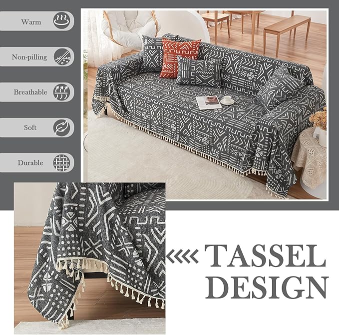 HANDONTIME Black White Boho Sofa Cover Boho Geometric Couch Covers Tassel Farmhouse Dog Sofa Covers for Slipcover Aesthetic Couch Cushion Cover Couch Protector for Dogs Living Room Décor, 71" X150"