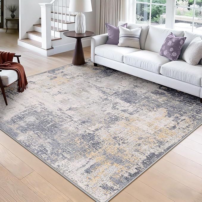 Washable Area Rugs Square 8ft Non-Slip Modern Abstract Soft for Living Room Entryway Bedroom Nursery, Print Pattern, Purple Grey Cream Yellow