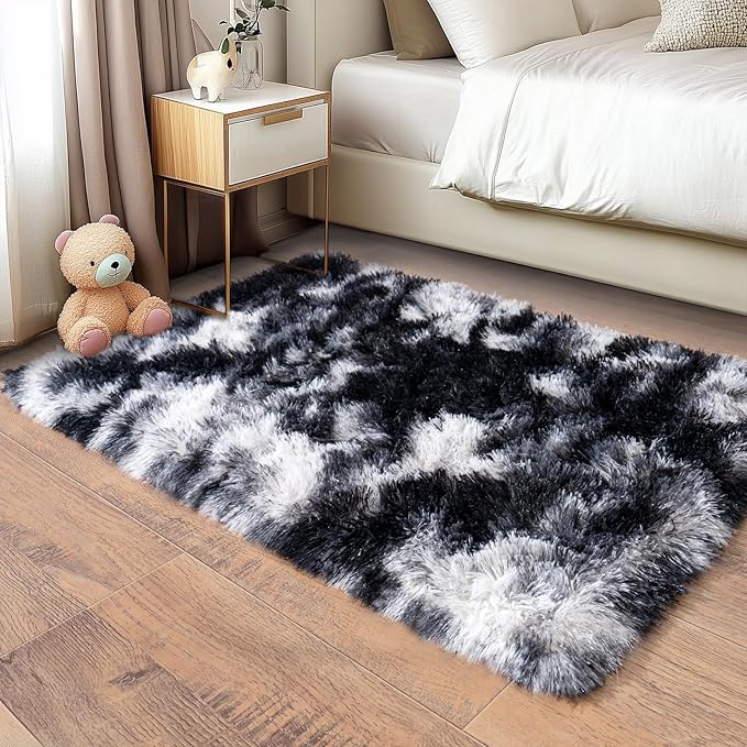 Pionblank Fluffy Small Rug for Bedroom 2x3 Feet, Shag Soft Area Rug, Modern Plush Carpet, Furry Cute Bedside Rug for Kids Girls Boys Room Nursery Decor, Black White