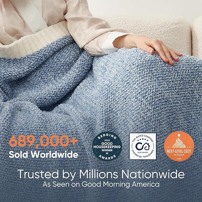 Snuggle Sac Heather Blue Throw Blanket for Couch, Oversized Throw XL Super Soft Warm Blankets Cozy Knit Fuzzy Lightweight Throws for Sofa, Bed, Camping, Picnic, Heather Blue, 50x70 inches